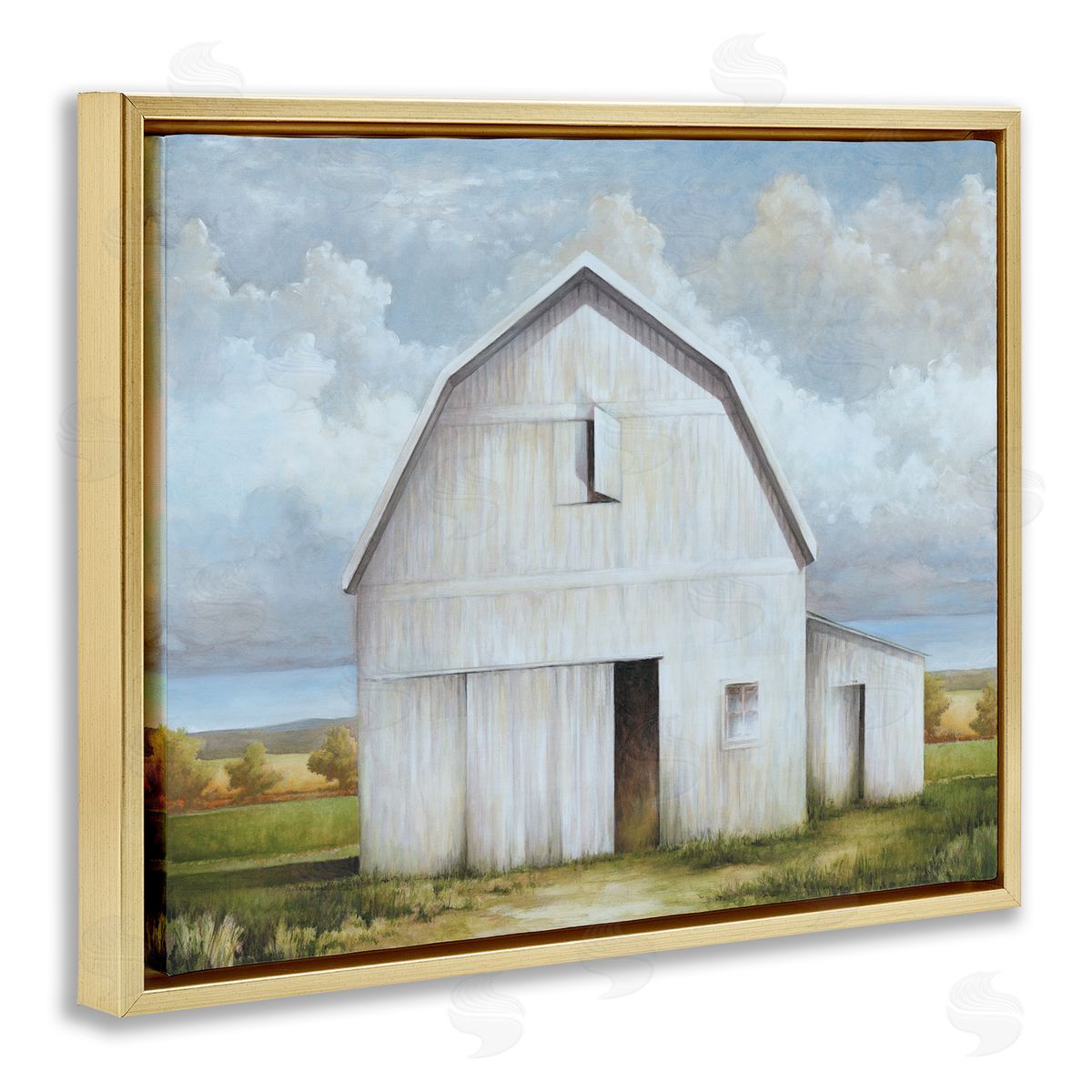 White Barn with Clouds Gold Floating Frame Canvas Wall Art, Home Decor by White Ladder