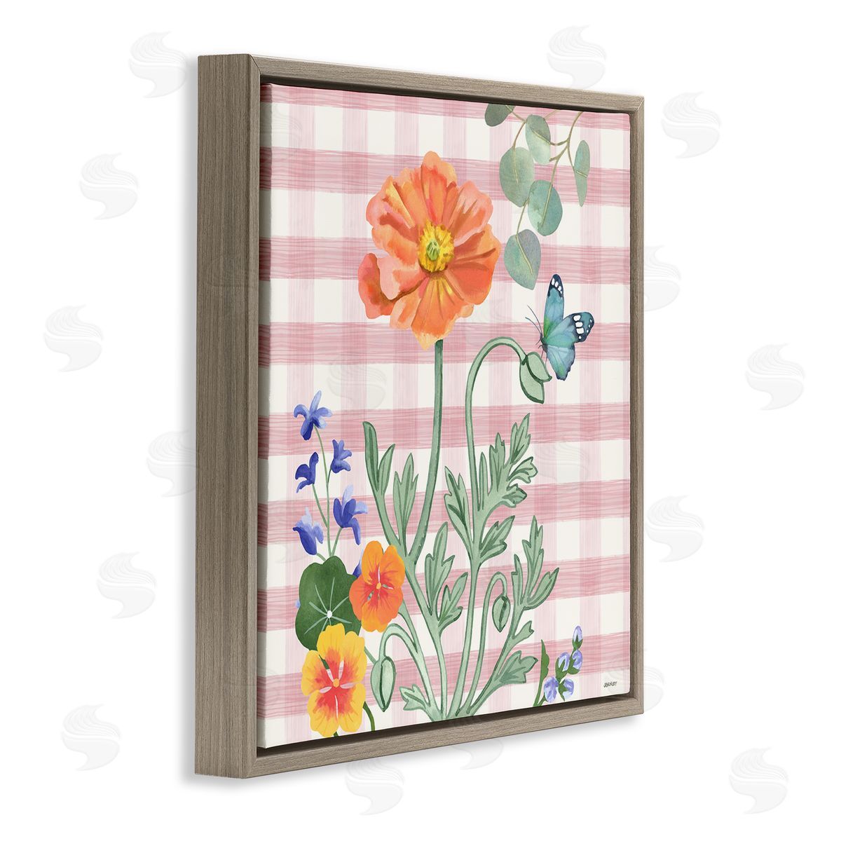Gingham Garden Poppy Brown Floating Frame Canvas Wall Art, Home Decor by Levison Design