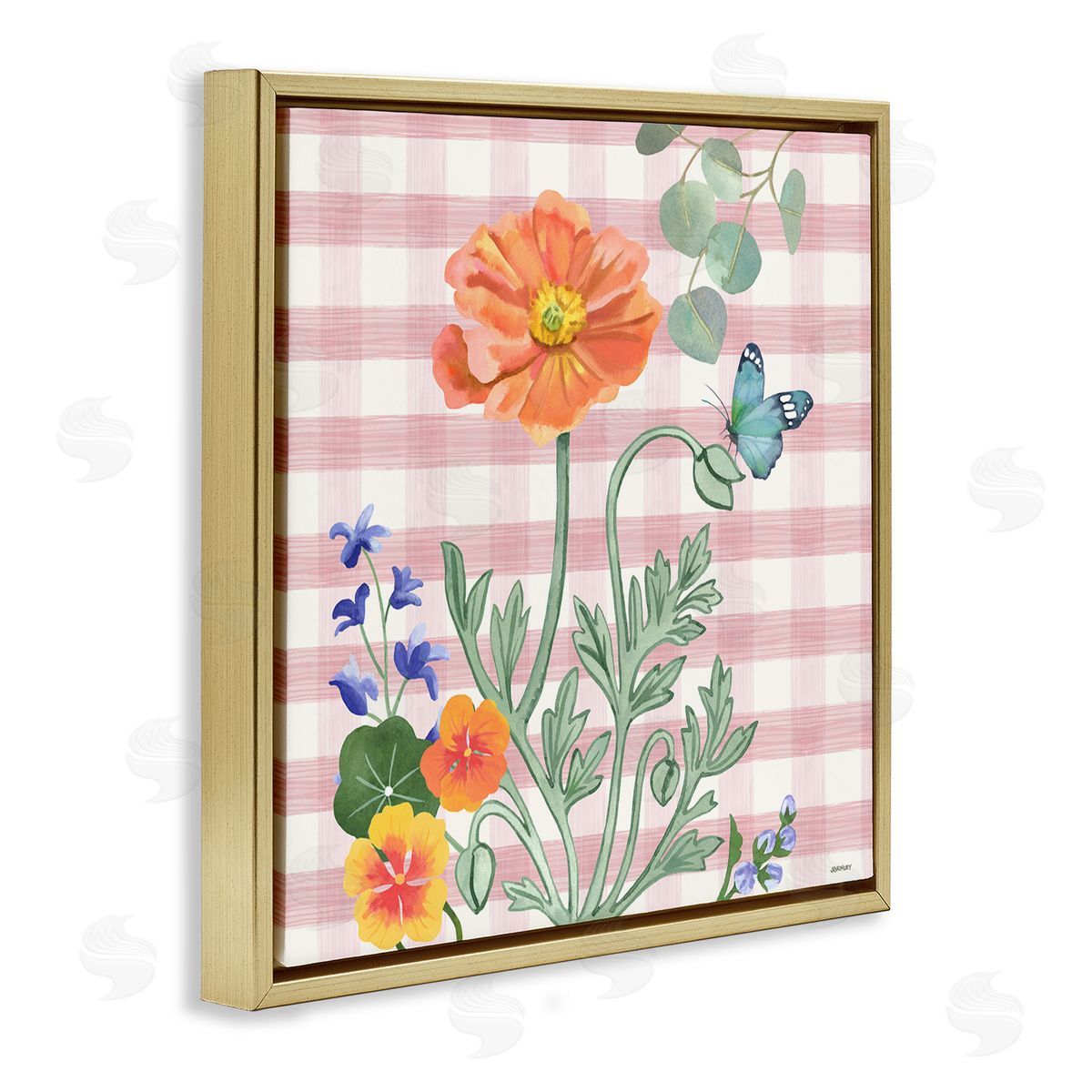 Gingham Garden Poppy Gold Floating Frame Canvas Wall Art, Home Decor by Levison Design