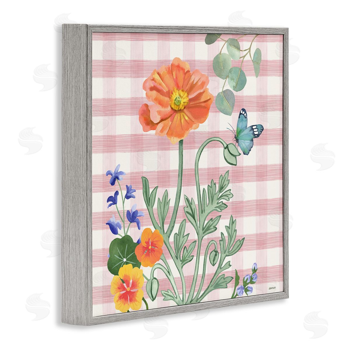 Gingham Garden Poppy Grey Frame Print Wall Art, Home Decor by Levison Design