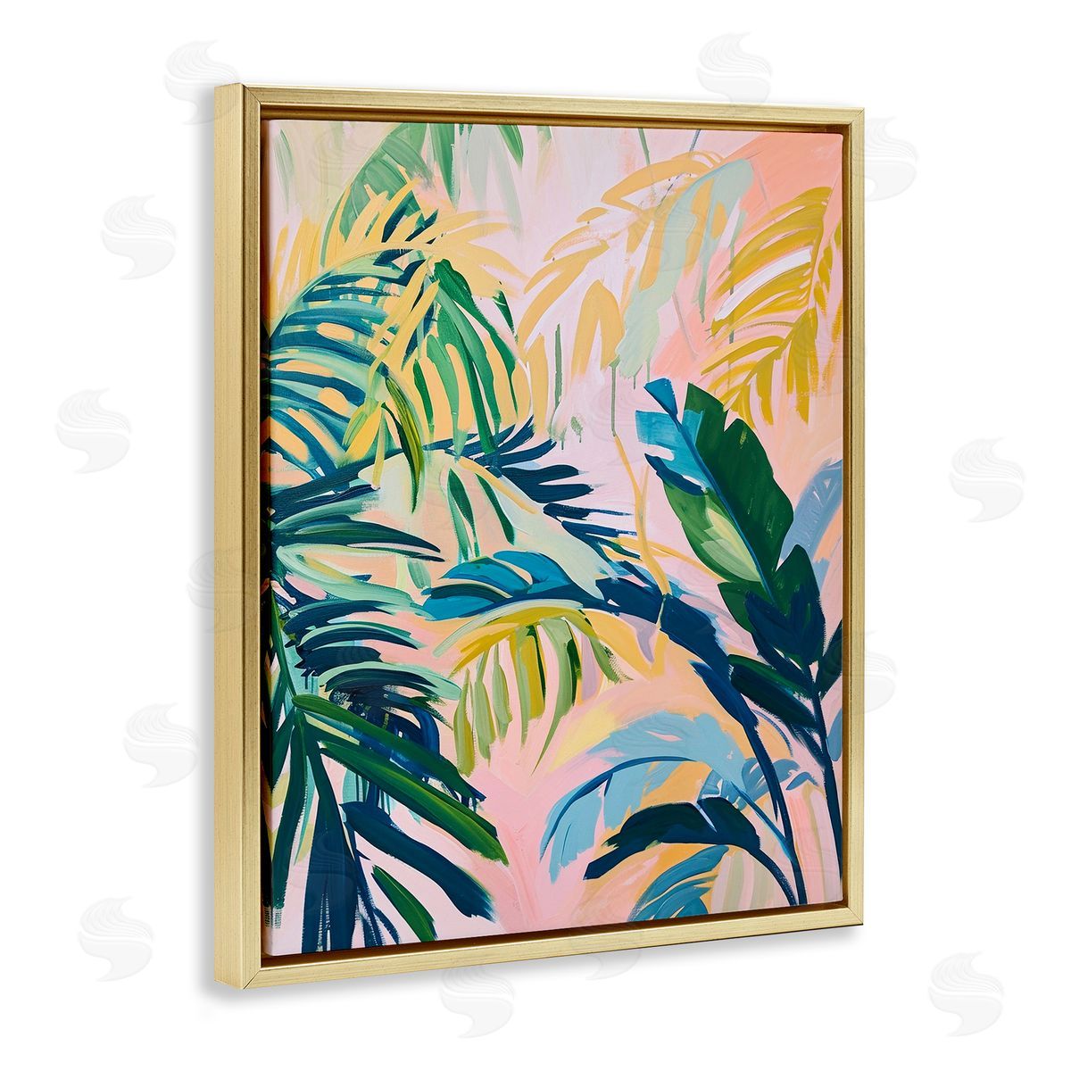 Tropical Leaf Impressions Gold Floating Frame Canvas Wall Art, Home Decor by Ramona Murdock