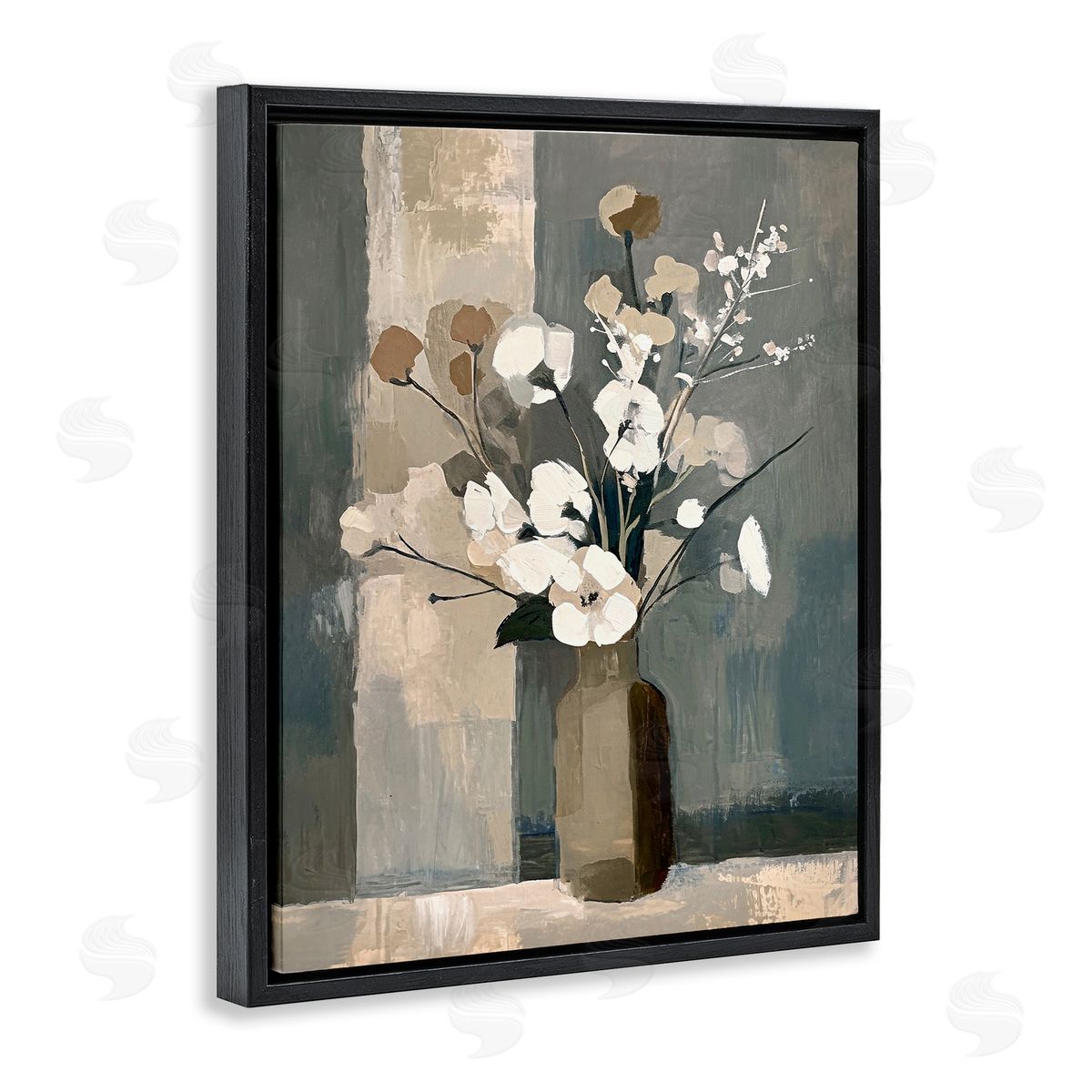 Neutral Floral Vase Black Floating Frame Canvas Wall Art, Home Decor by Ramona Murdock