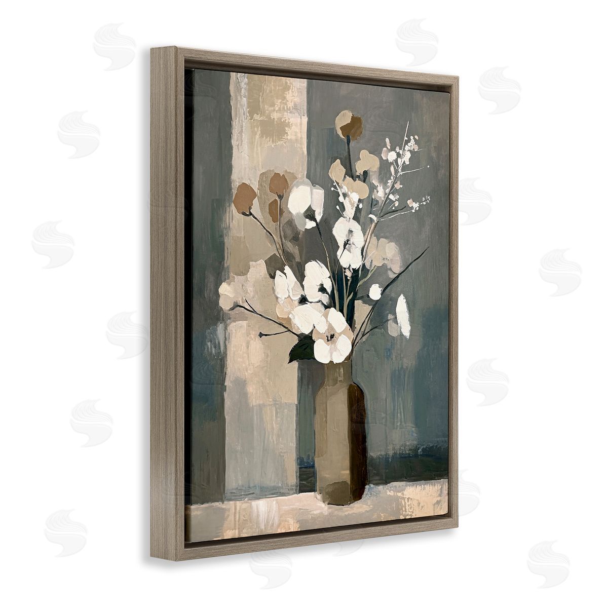 Neutral Floral Vase Brown Floating Frame Canvas Wall Art, Home Decor by Ramona Murdock