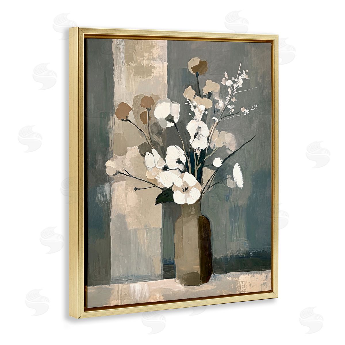Neutral Floral Vase Gold Floating Frame Canvas Wall Art, Home Decor by Ramona Murdock