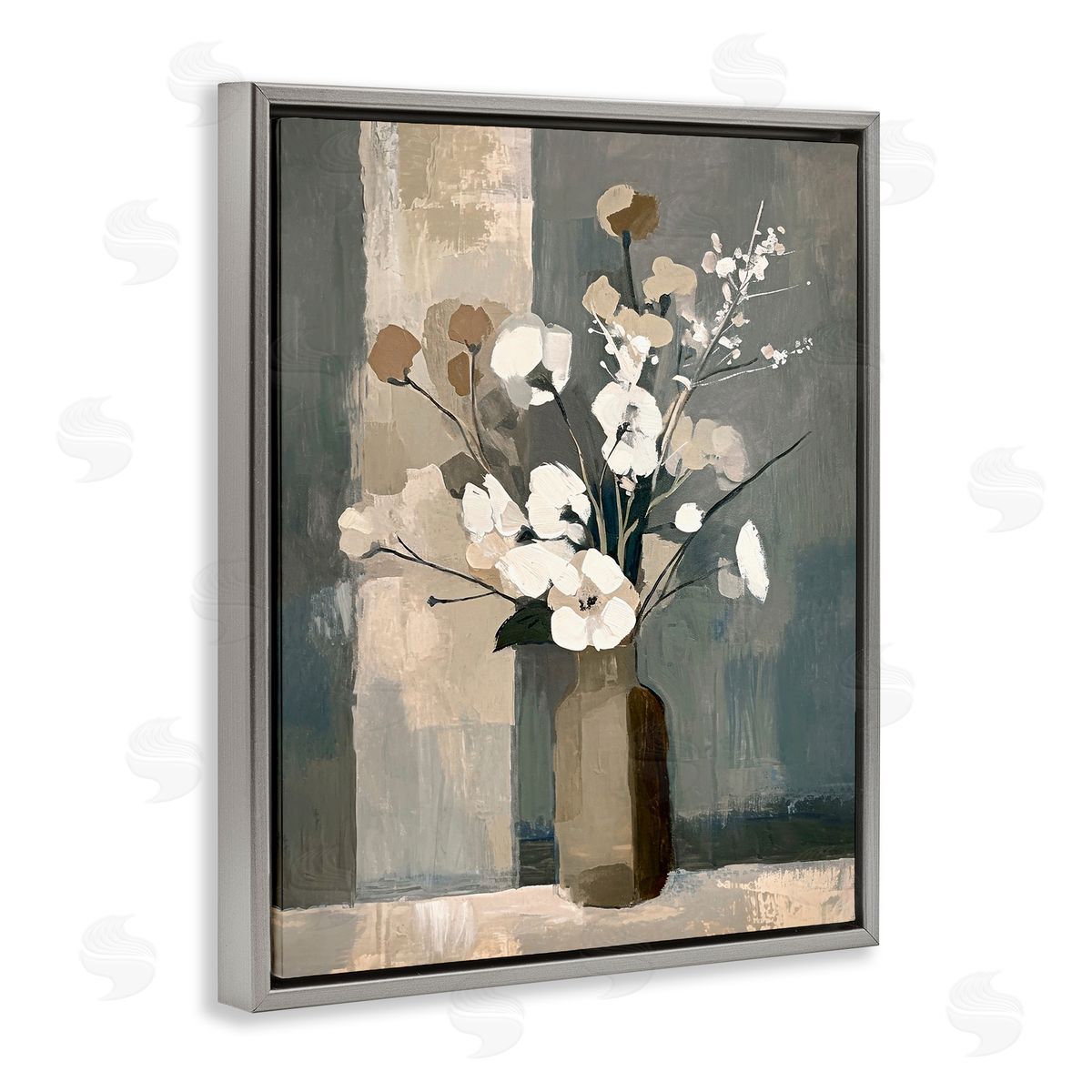 Neutral Floral Vase Grey Floating Frame Canvas Wall Art, Home Decor by Ramona Murdock