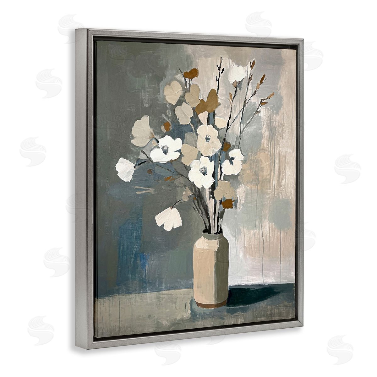 Natural Floral Vase Grey Floating Frame Canvas Wall Art, Home Decor by Ramona Murdock