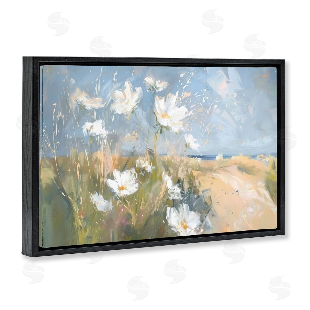 Seaside Wildflowers Scenery Black Floating Frame Canvas Wall Art, Home Decor by Ramona Murdock
