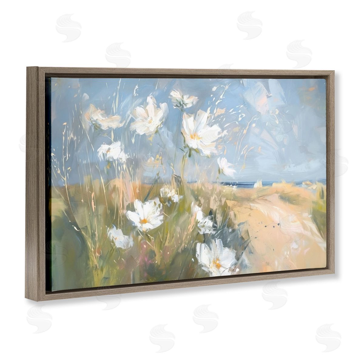 Seaside Wildflowers Scenery Brown Floating Frame Canvas Wall Art, Home Decor by Ramona Murdock