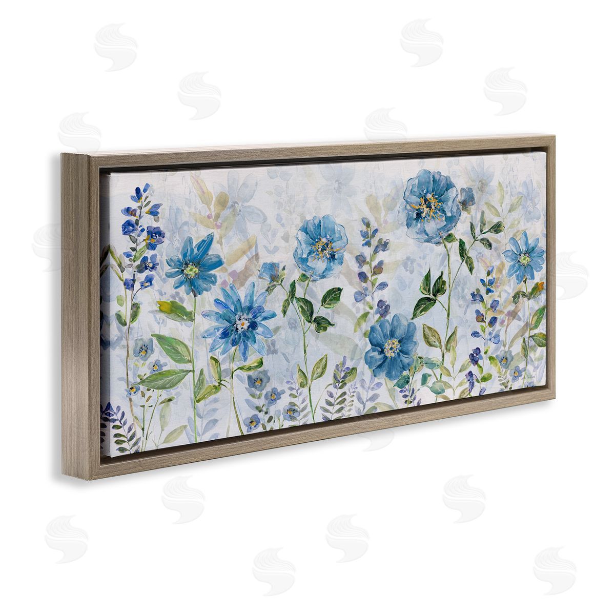 Wild Blue Poppies Brown Floating Frame Canvas Wall Art, Home Decor by Sally Swatland