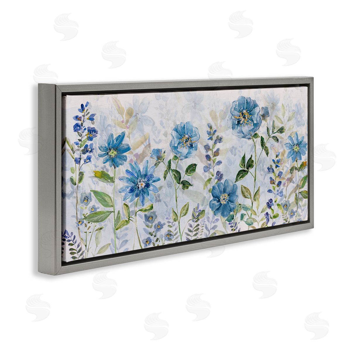 Wild Blue Poppies Grey Floating Frame Canvas Wall Art, Home Decor by Sally Swatland