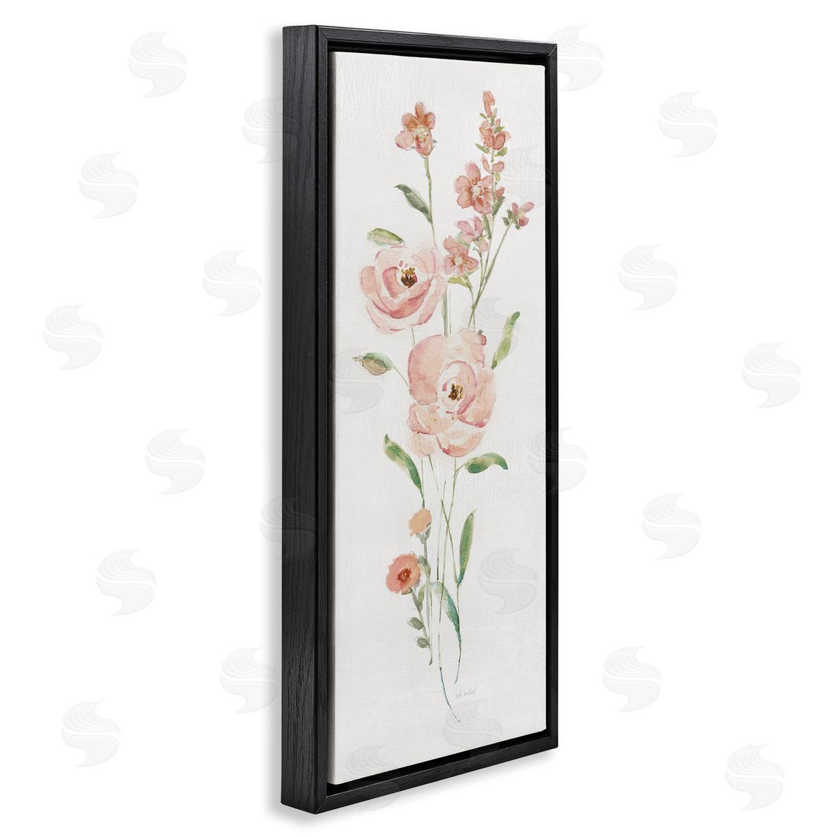 Pastel Rose Sprigs Black Floating Frame Canvas Wall Art, Home Decor by Sally Swatland