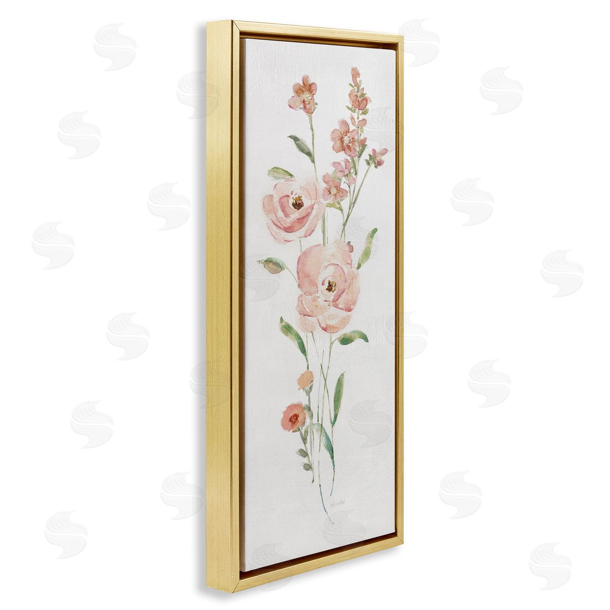 Pastel Rose Sprigs Gold Floating Frame Canvas Wall Art, Home Decor by Sally Swatland