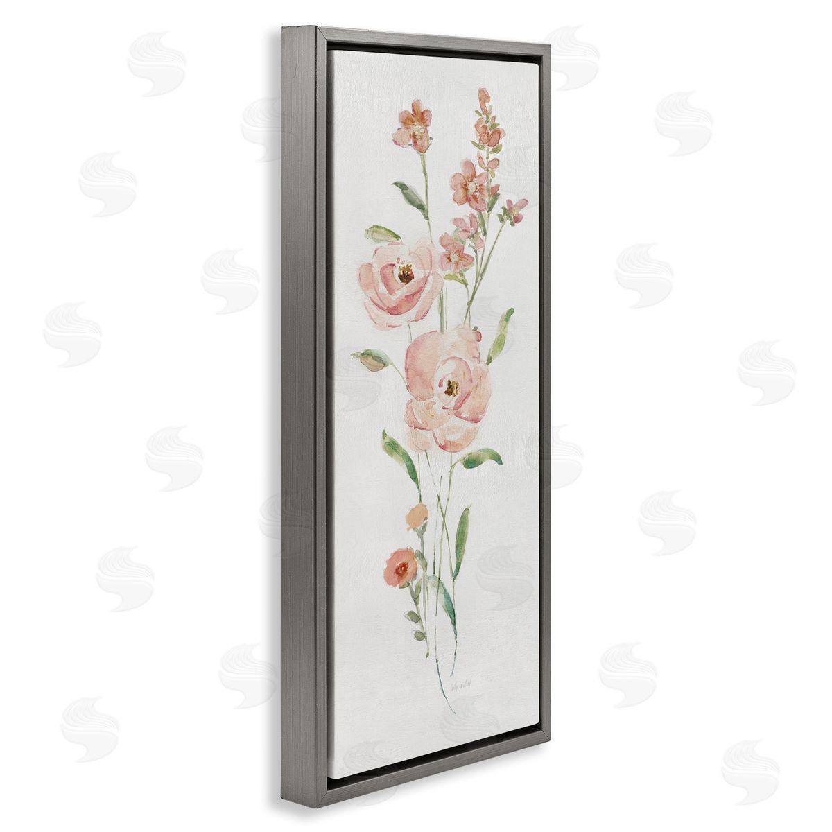 Pastel Rose Sprigs Grey Floating Frame Canvas Wall Art, Home Decor by Sally Swatland