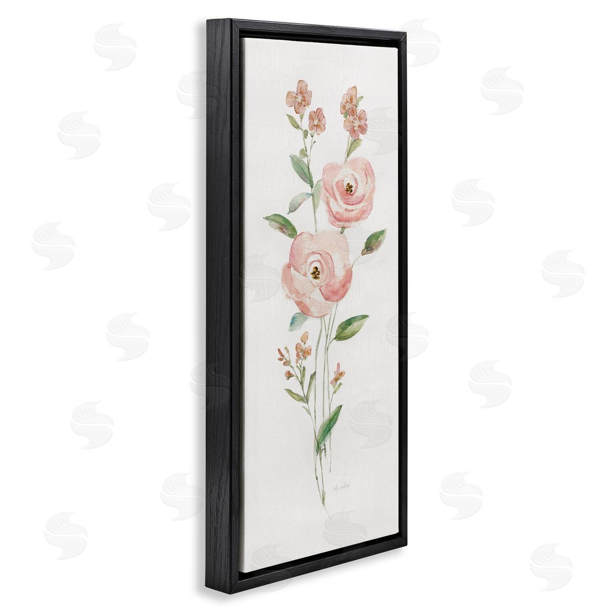 Soft Rose Sprigs Black Floating Frame Canvas Wall Art, Home Decor by Sally Swatland