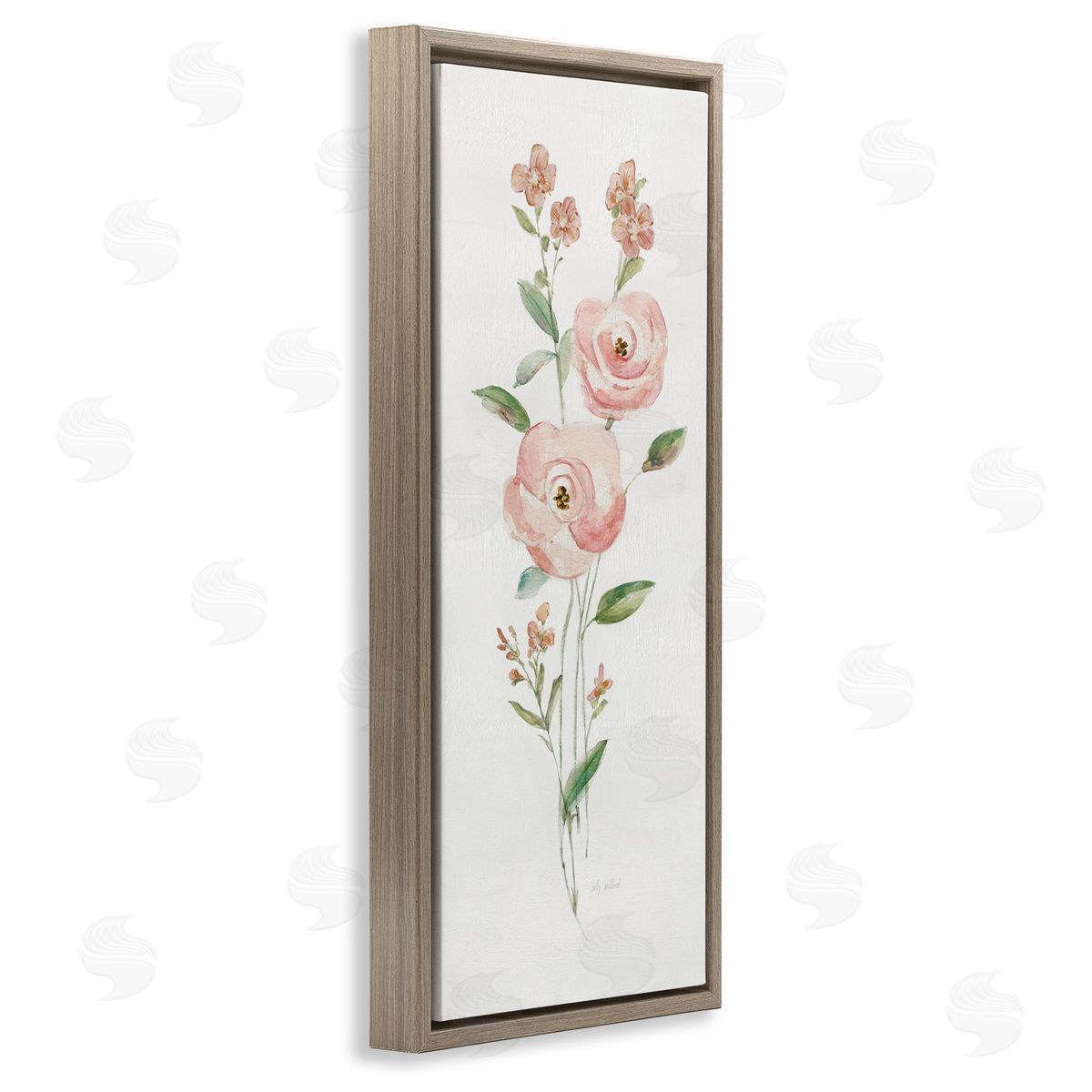 Soft Rose Sprigs Brown Floating Frame Canvas Wall Art, Home Decor by Sally Swatland
