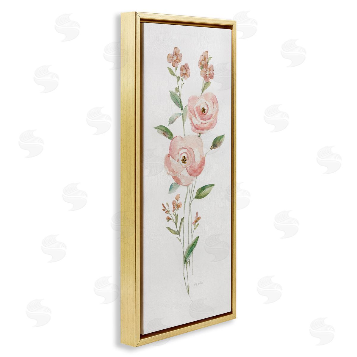 Soft Rose Sprigs Gold Floating Frame Canvas Wall Art, Home Decor by Sally Swatland