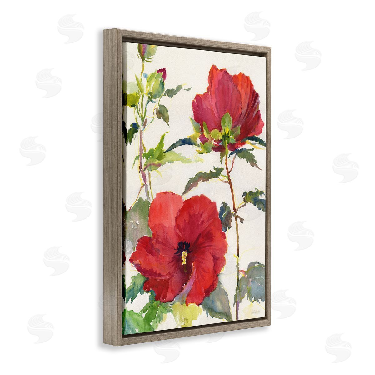 Red Poppy Duo Brown Floating Frame Canvas Wall Art, Home Decor by Theresa Heidel