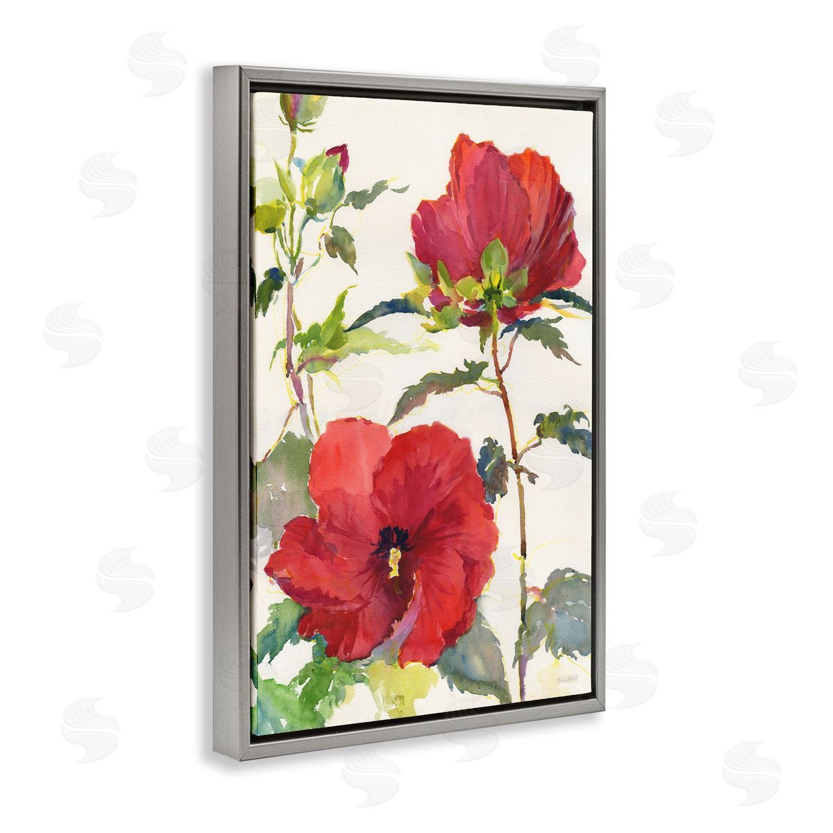 Red Poppy Duo Grey Floating Frame Canvas Wall Art, Home Decor by Theresa Heidel