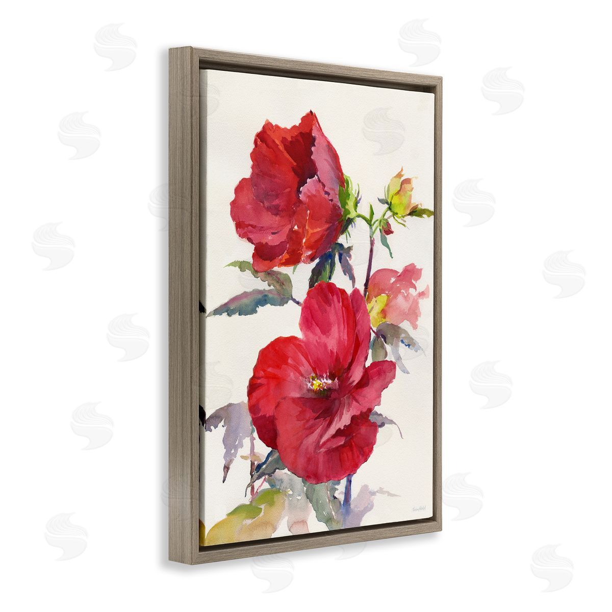 Two Red Poppies Brown Floating Frame Canvas Wall Art, Home Decor by Theresa Heidel