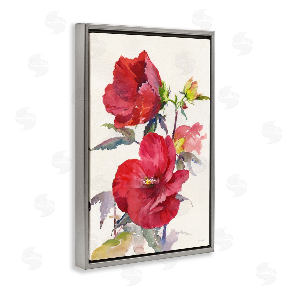 Two Red Poppies Grey Floating Frame Canvas Wall Art, Home Decor by Theresa Heidel