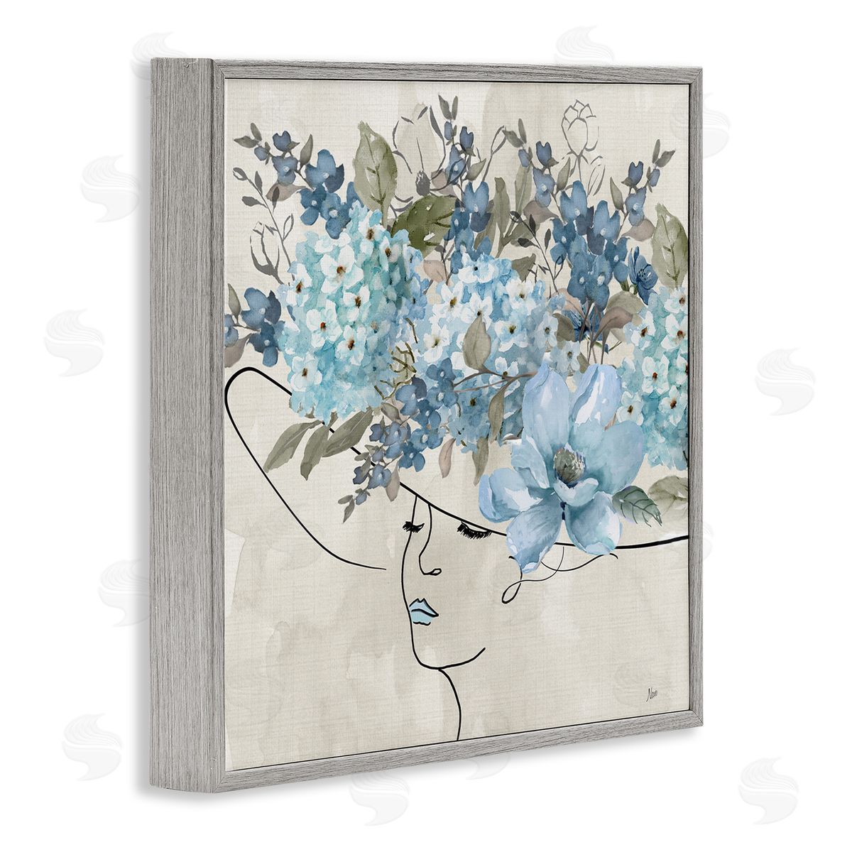 Blue Floral Hat Grey Frame Print Wall Art, Home Decor by Nan