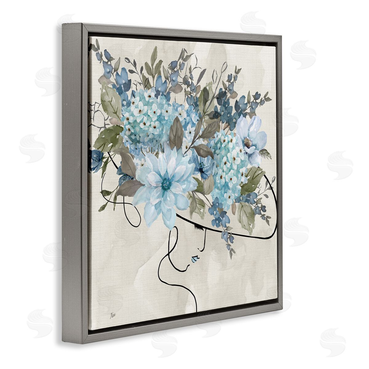 Floral Fashion Hat Grey Floating Frame Canvas Wall Art, Home Decor by Nan
