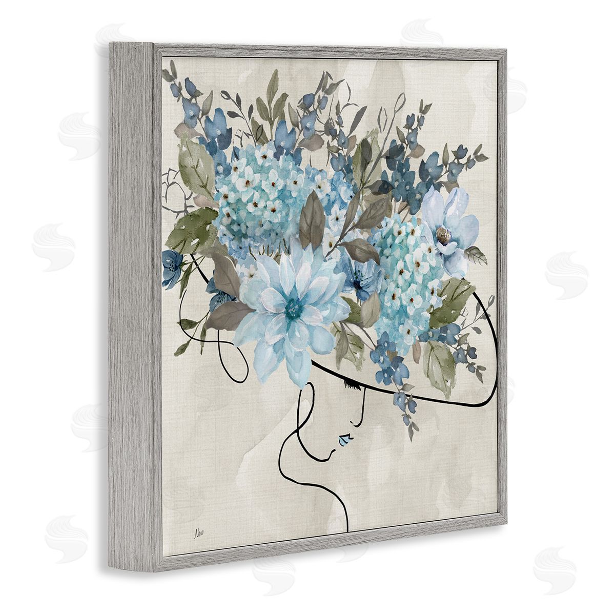 Floral Fashion Hat Grey Frame Print Wall Art, Home Decor by Nan