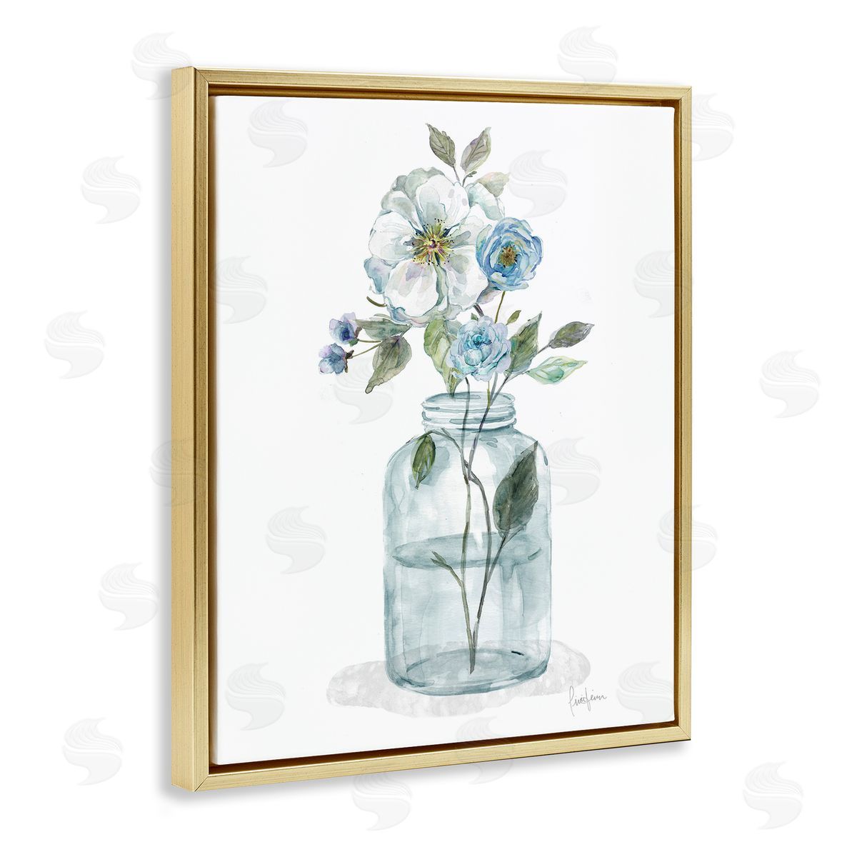 Soft Blue and White Flowers Gold Floating Frame Canvas Wall Art, Home Decor by Livi Finn