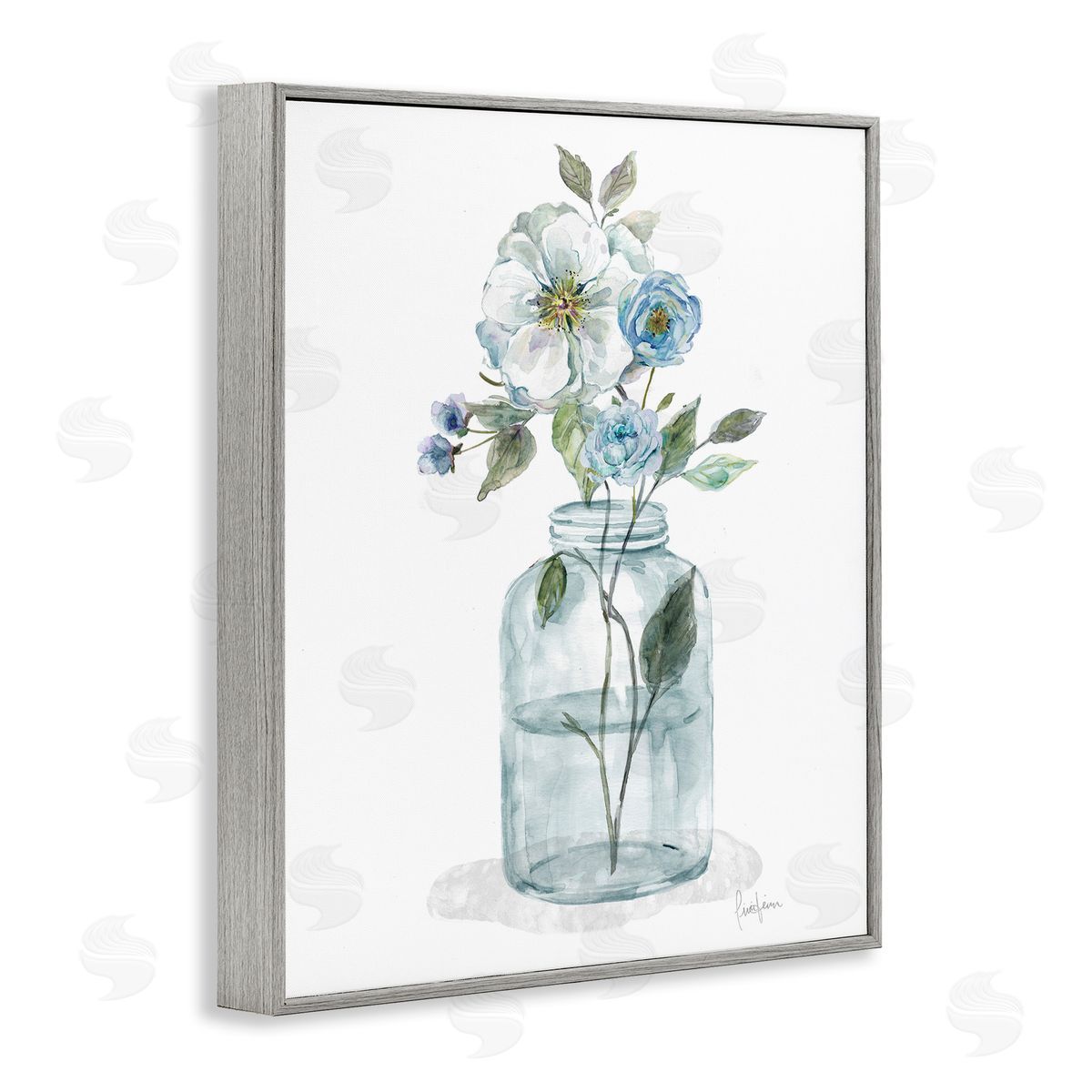 Soft Blue and White Flowers Grey Frame Print Wall Art, Home Decor by Livi Finn