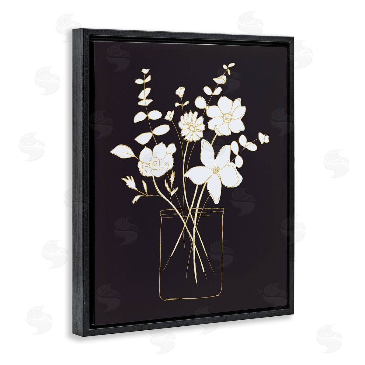 Classy White Flowers Black Floating Frame Canvas Wall Art, Home Decor by Nan