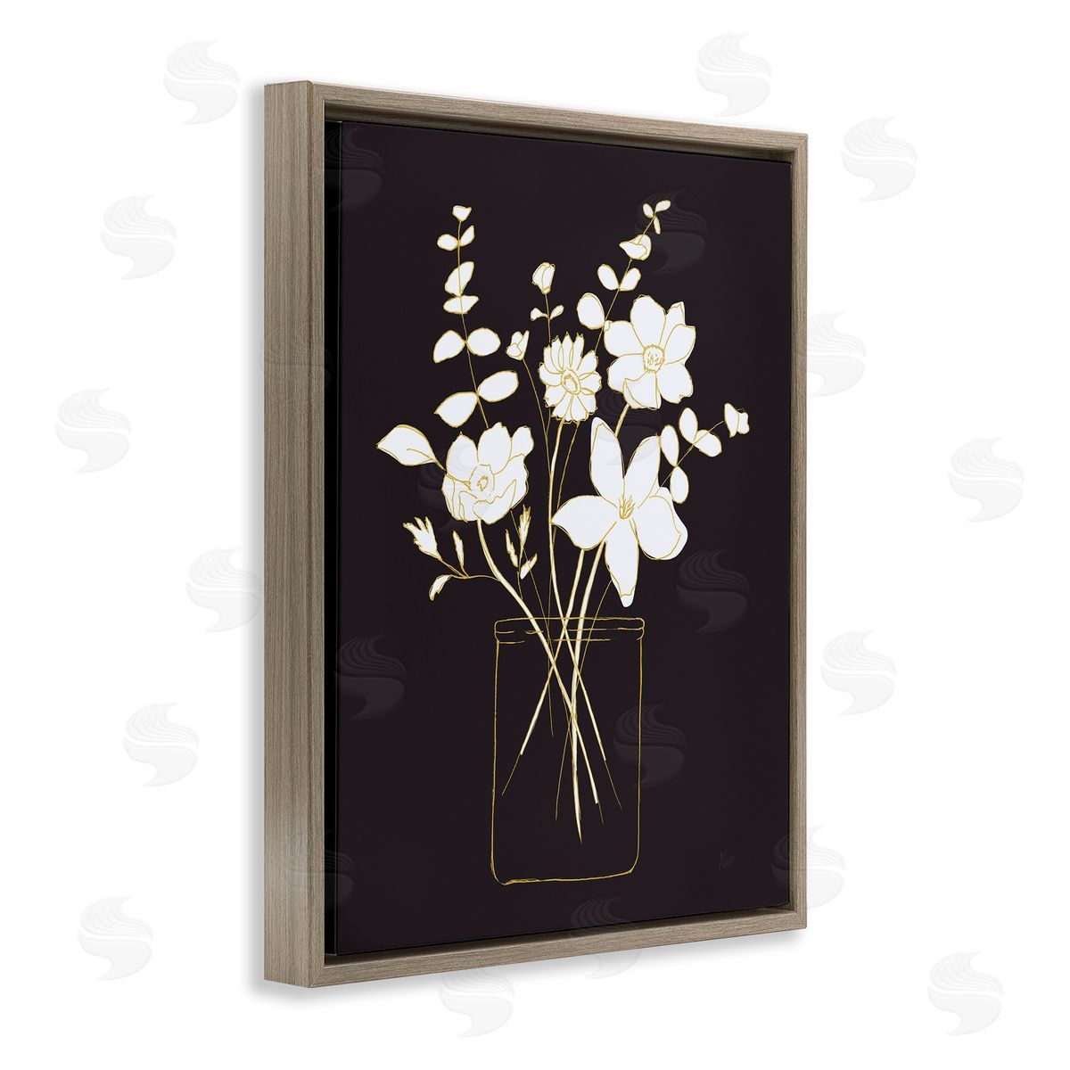Classy White Flowers Brown Floating Frame Canvas Wall Art, Home Decor by Nan