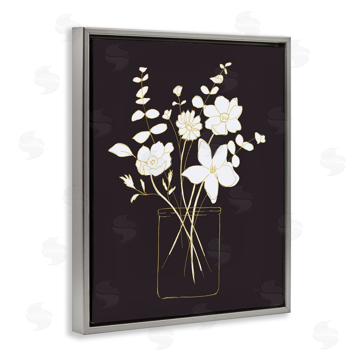 Classy White Flowers Grey Floating Frame Canvas Wall Art, Home Decor by Nan