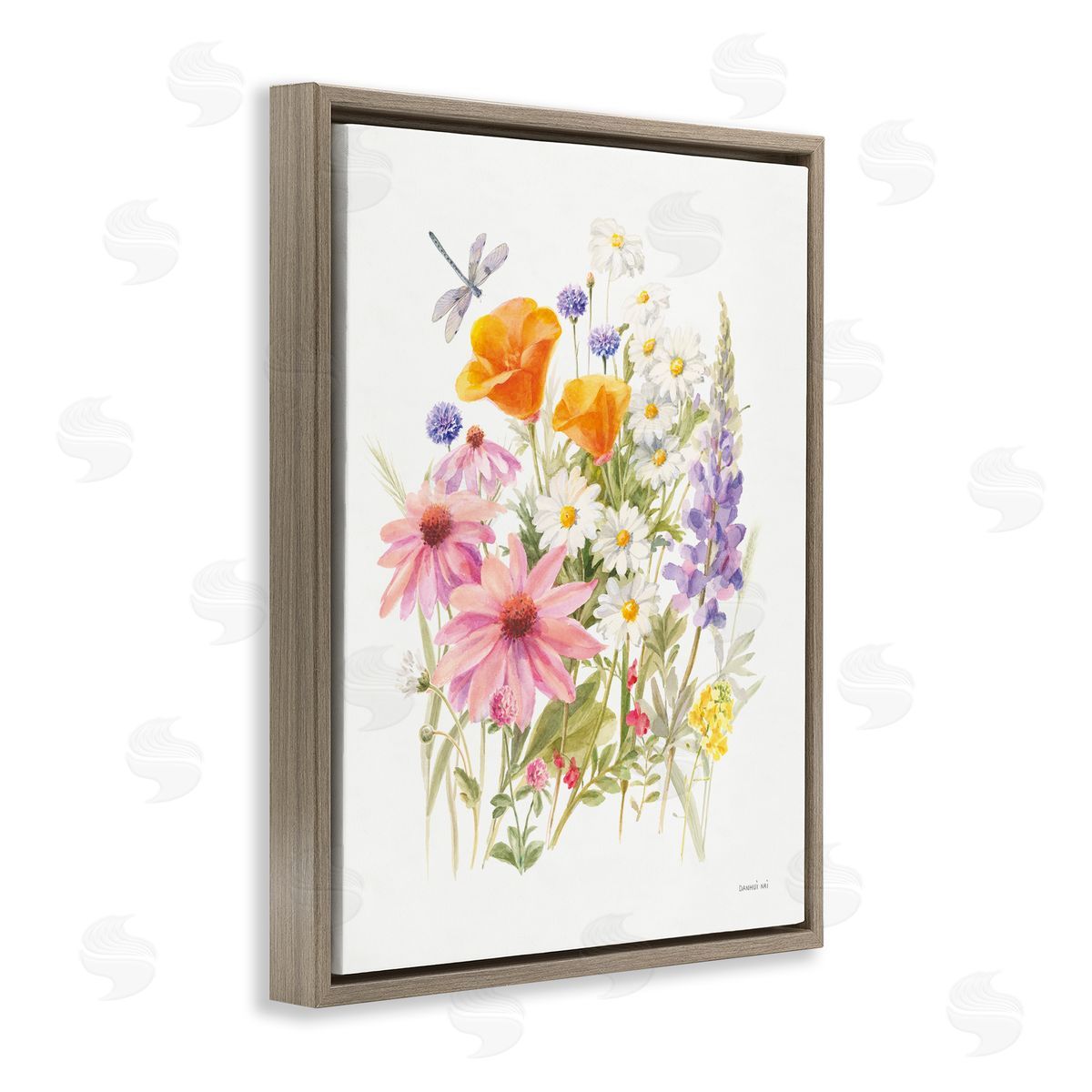 Bright Flowers and Dragonfly Brown Floating Frame Canvas Wall Art, Home Decor by Danhui Nai