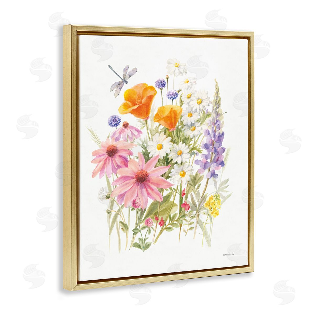 Bright Flowers and Dragonfly Gold Floating Frame Canvas Wall Art, Home Decor by Danhui Nai