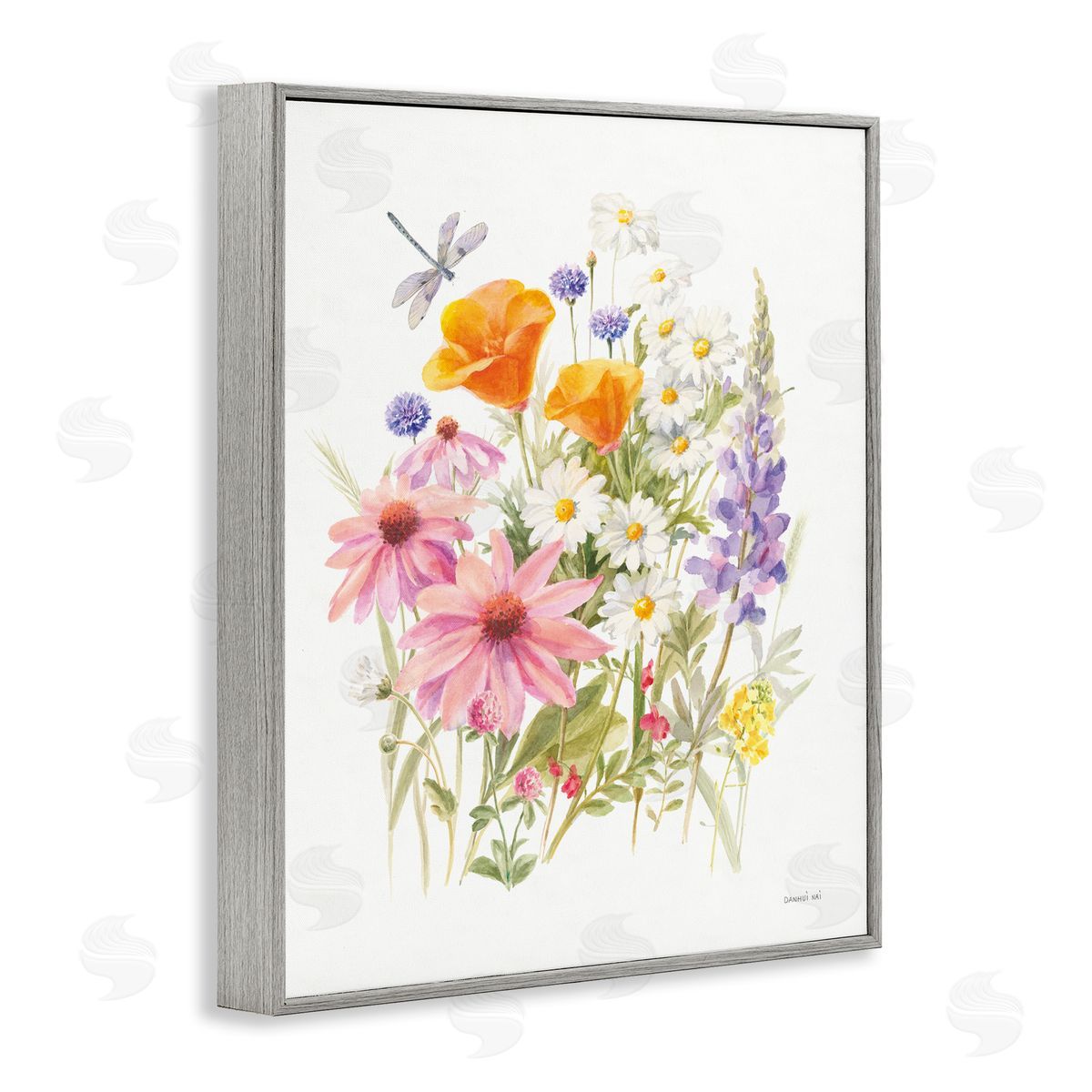 Bright Flowers and Dragonfly Grey Frame Print Wall Art, Home Decor by Danhui Nai