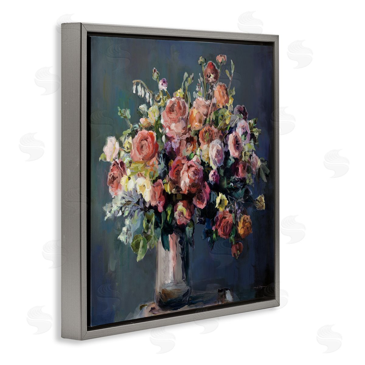 Abundant Dark Bouquet Grey Floating Frame Canvas Wall Art, Home Decor by Marilyn Hageman