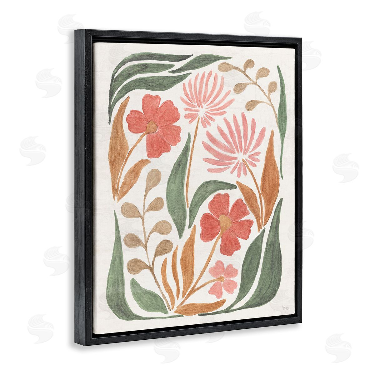 Floral Abstract Pattern Black Floating Frame Canvas Wall Art, Home Decor by Veronique Charron