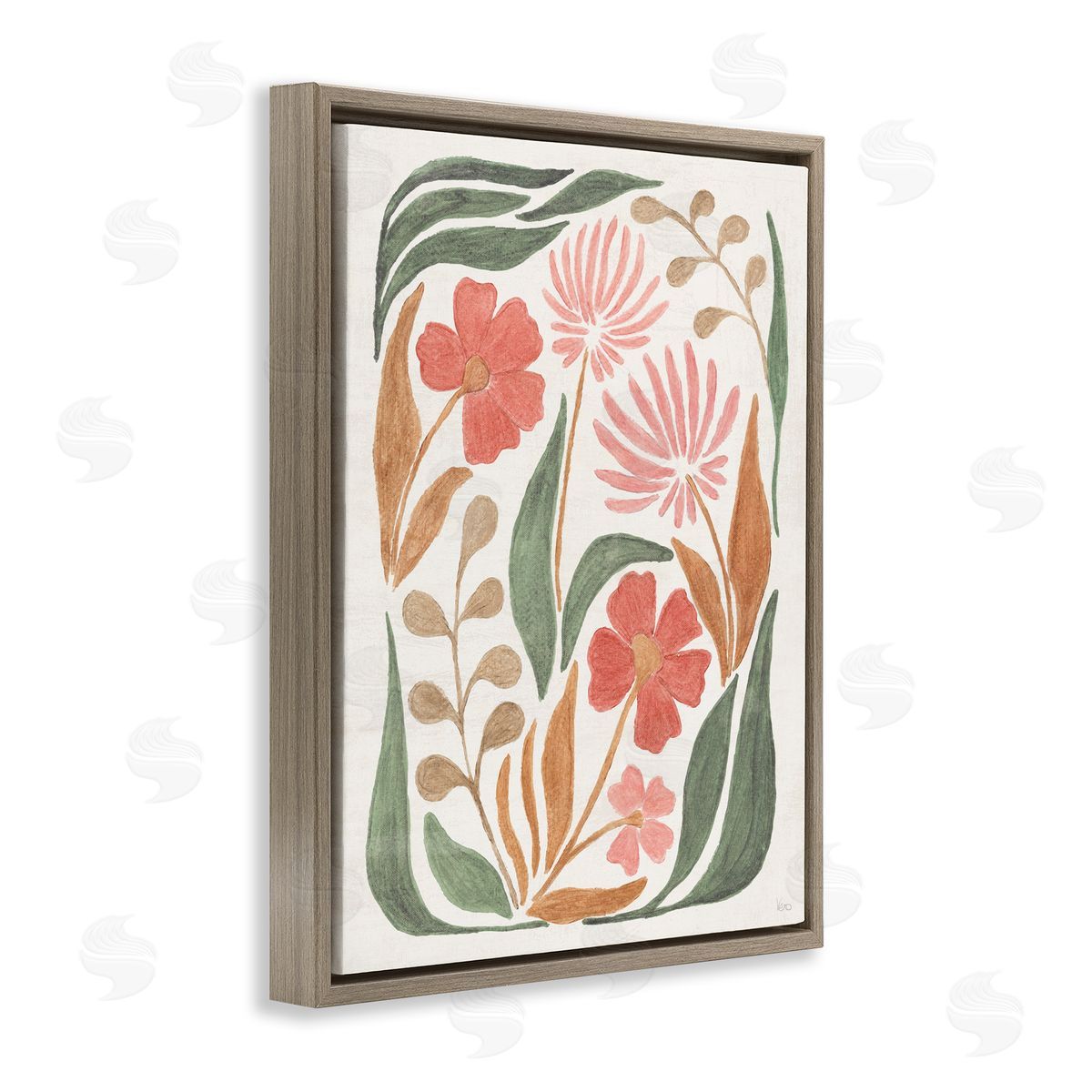 Floral Abstract Pattern Brown Floating Frame Canvas Wall Art, Home Decor by Veronique Charron