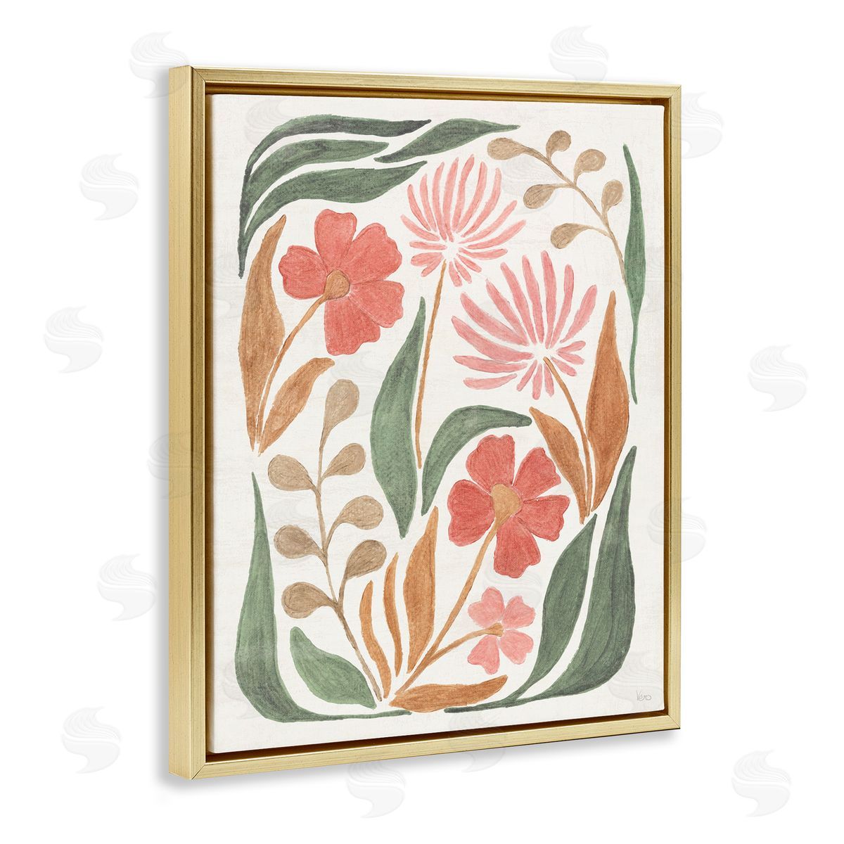 Floral Abstract Pattern Gold Floating Frame Canvas Wall Art, Home Decor by Veronique Charron