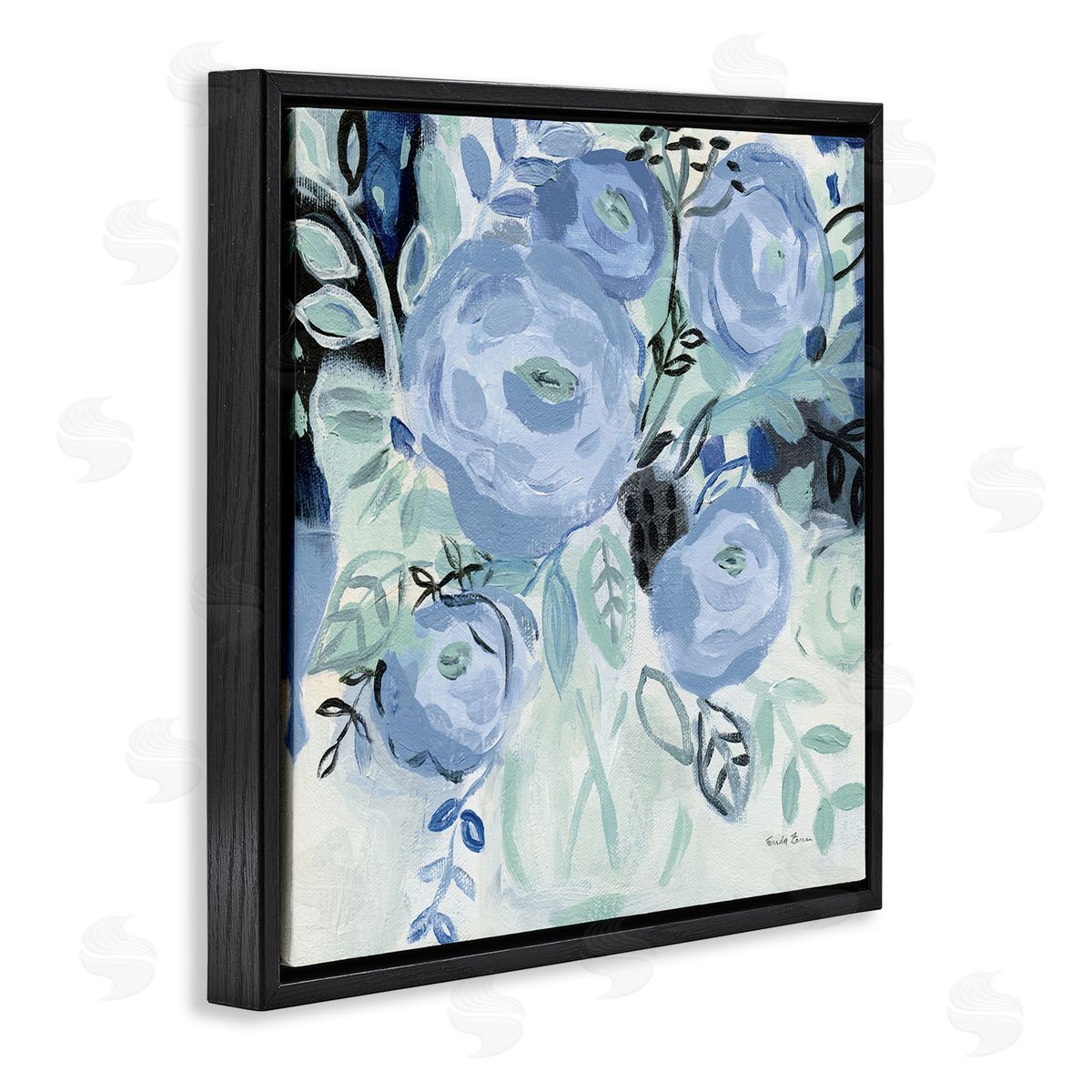 Blue Coastal Blooms Black Floating Frame Canvas Wall Art, Home Decor by Farida Zaman