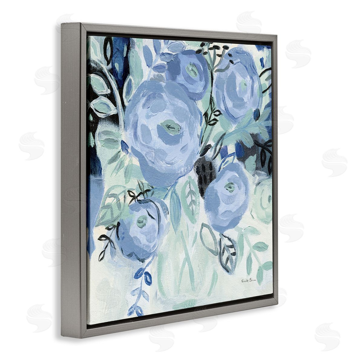 Blue Coastal Blooms Grey Floating Frame Canvas Wall Art, Home Decor by Farida Zaman