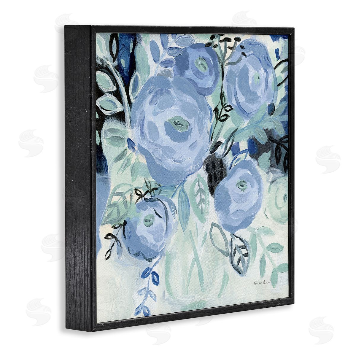 Blue Coastal Blooms Black Frame Print Wall Art, Home Decor by Farida Zaman