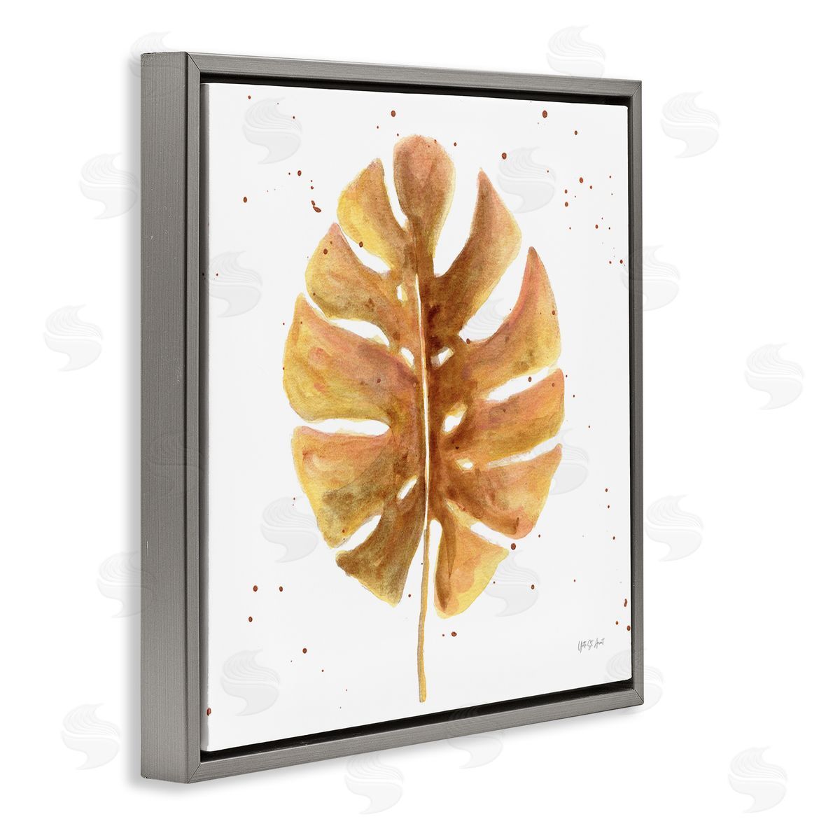 Golden Palm Leaf Grey Floating Frame Canvas Wall Art, Home Decor by Yvette St. Amant