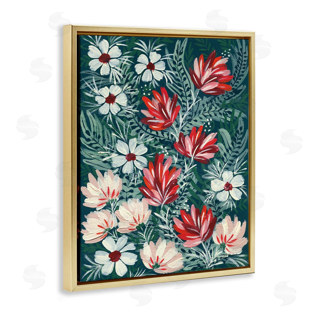 Folksy Floral Pattern Gold Floating Frame Canvas Wall Art, Home Decor by Yvette St. Amant