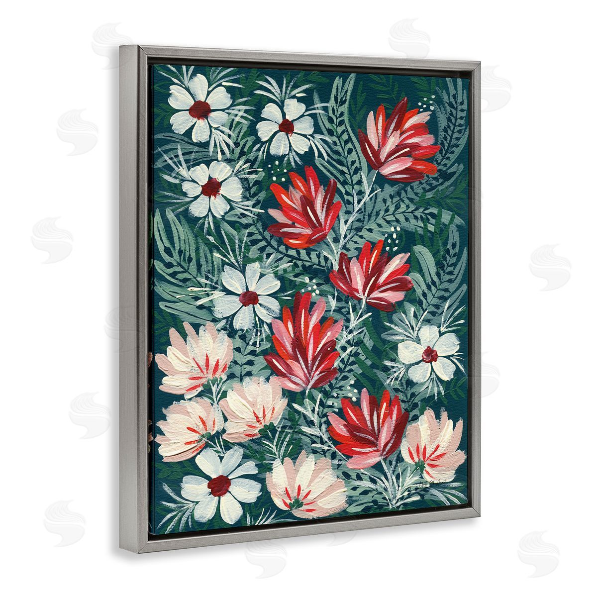 Folksy Floral Pattern Grey Floating Frame Canvas Wall Art, Home Decor by Yvette St. Amant
