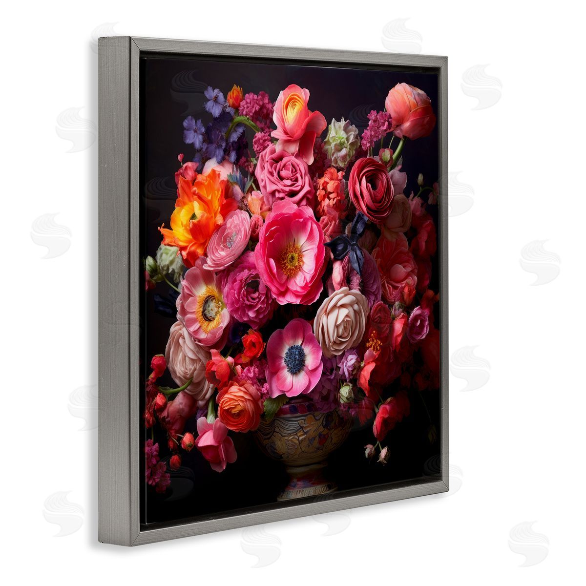 Dark Full Bouquet Grey Floating Frame Canvas Wall Art, Home Decor by Lazar Studio