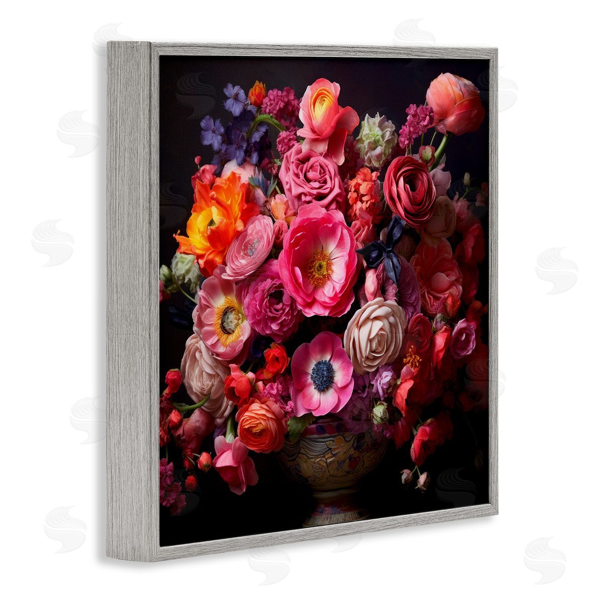 Dark Full Bouquet Grey Frame Print Wall Art, Home Decor by Lazar Studio