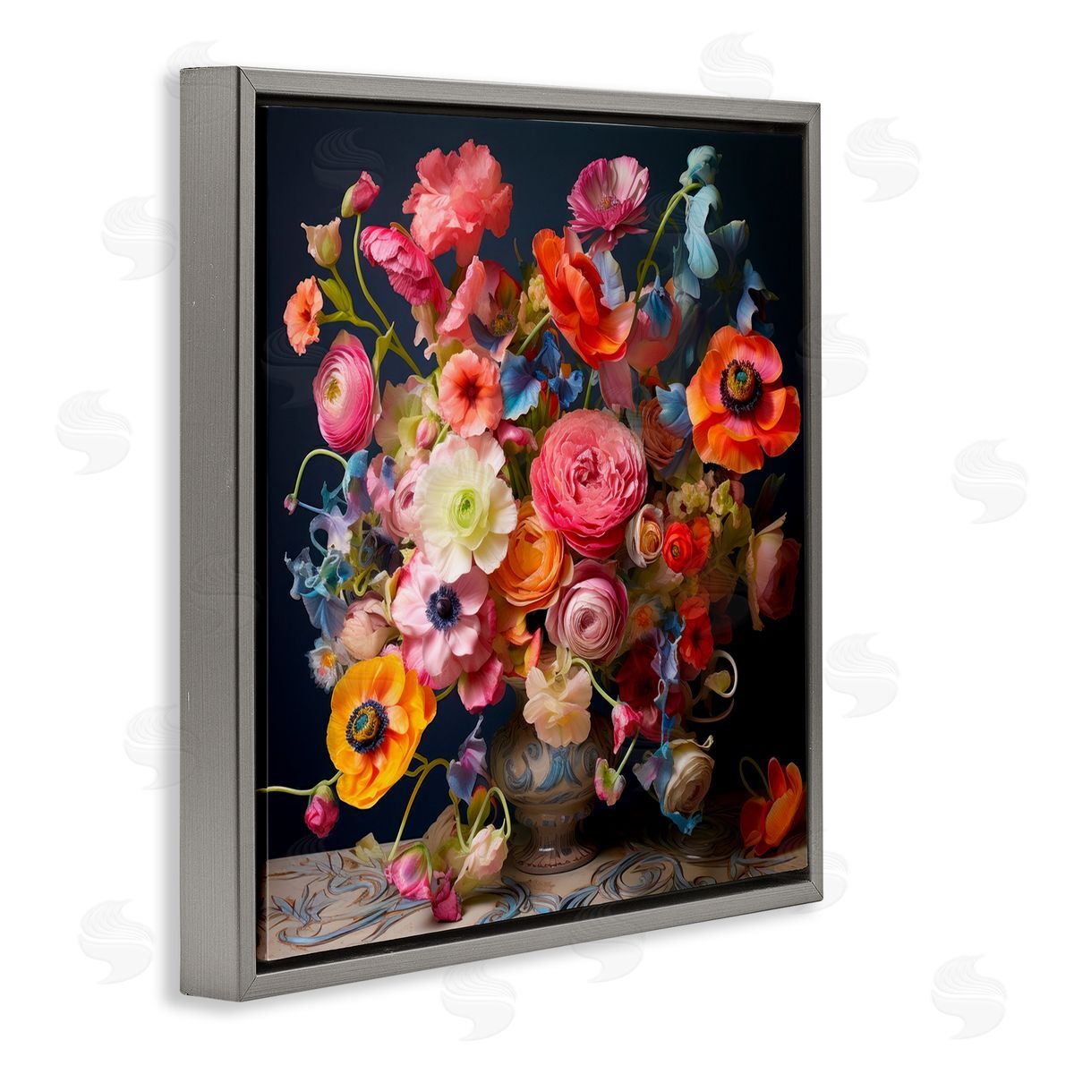 Mixed Full Bouquet Grey Floating Frame Canvas Wall Art, Home Decor by Lazar Studio