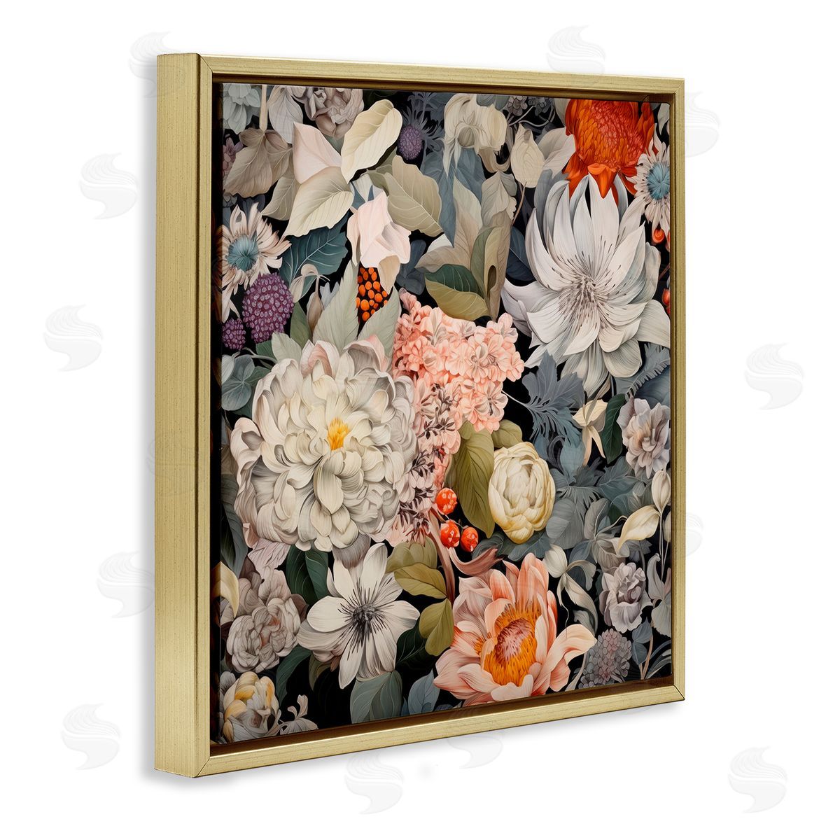 Grey Mixed Botanicals Gold Floating Frame Canvas Wall Art, Home Decor by Lazar Studio