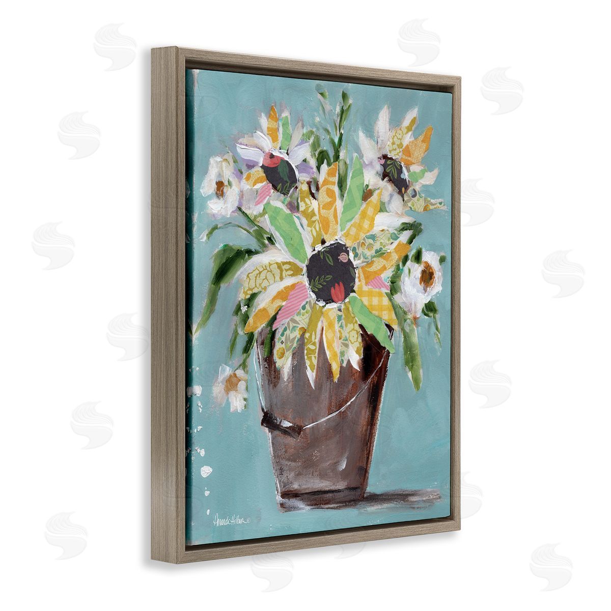 Flower Bucket Bouquet Brown Floating Frame Canvas Wall Art, Home Decor by Amanda Hilburn